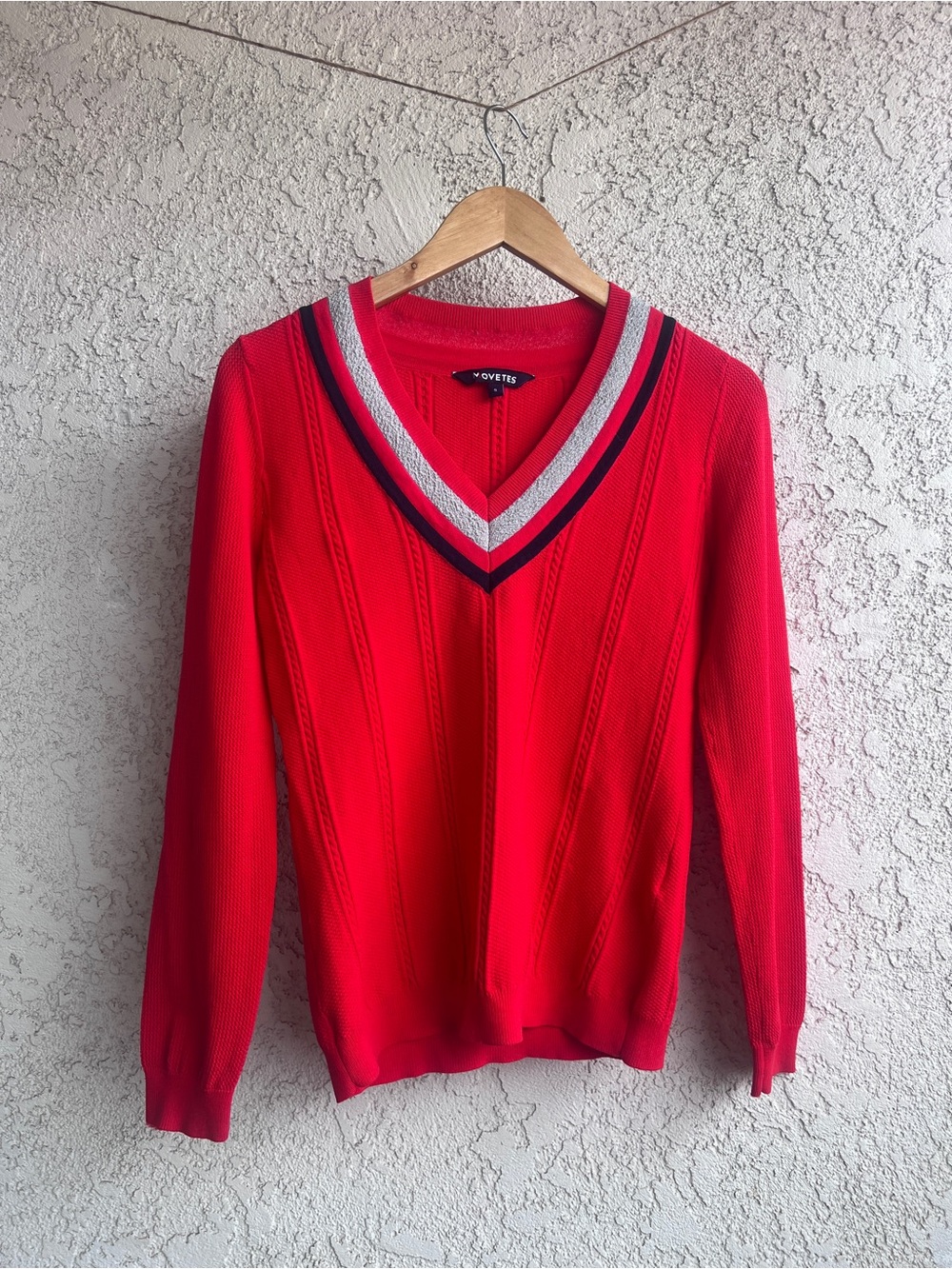Movetes red V-Neck Sweater with Striped Trim